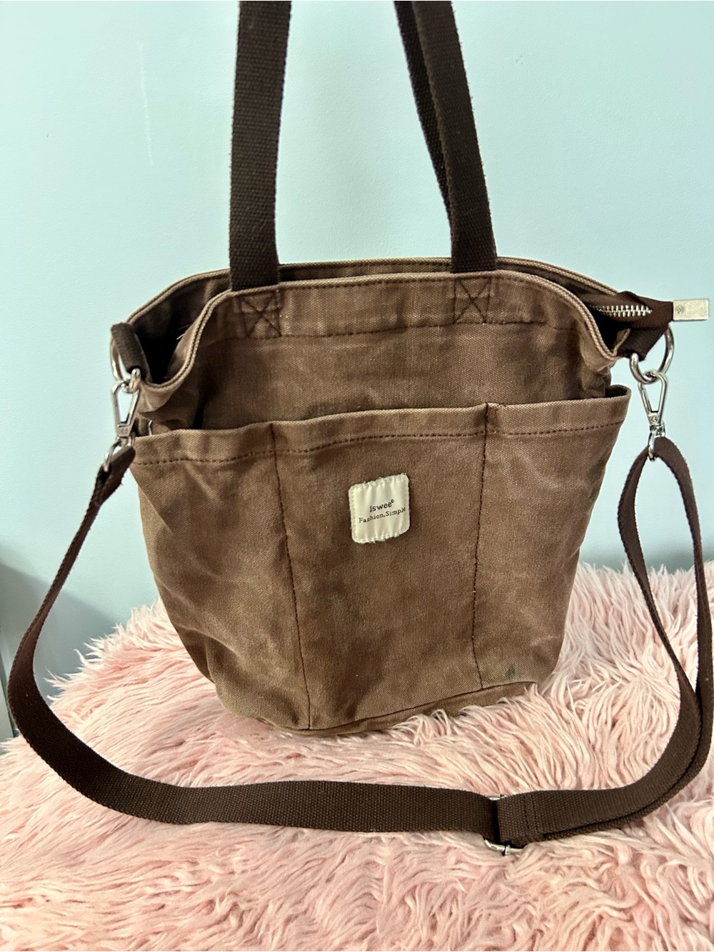 Iswee Compact Brown Canvas Crossbody Tote with Removable Strap